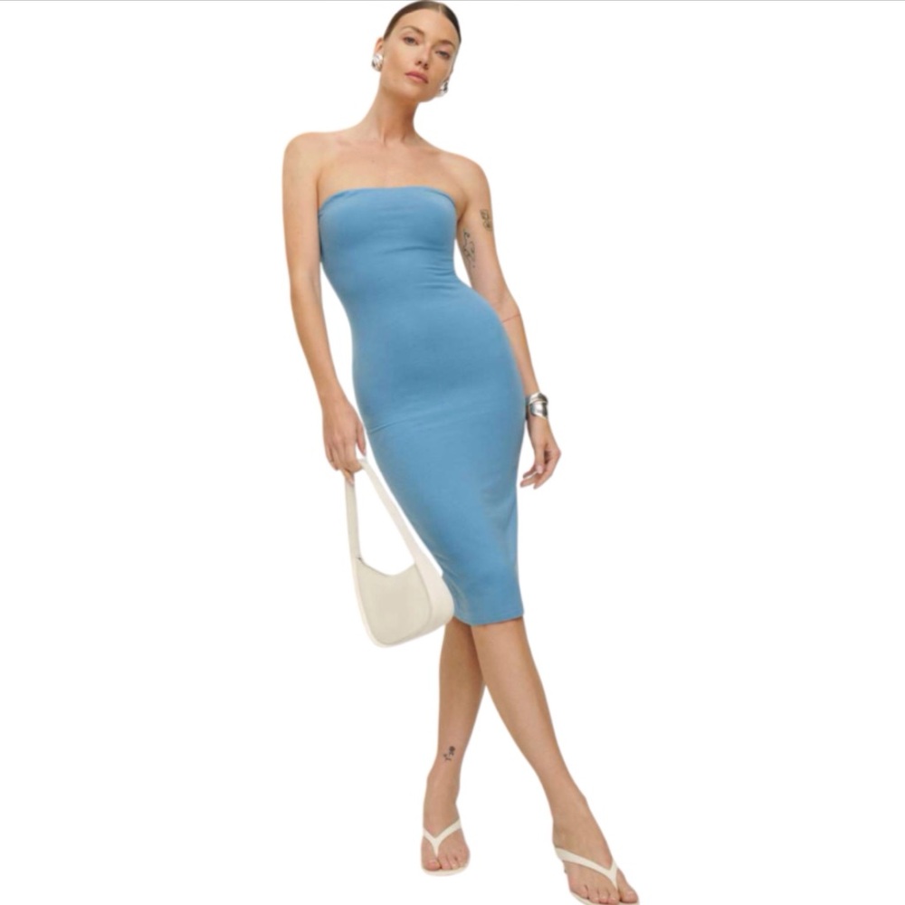 Reformation Laura Harrier Blue Strapless Stretch Knit Midi Dress Etta Size XL